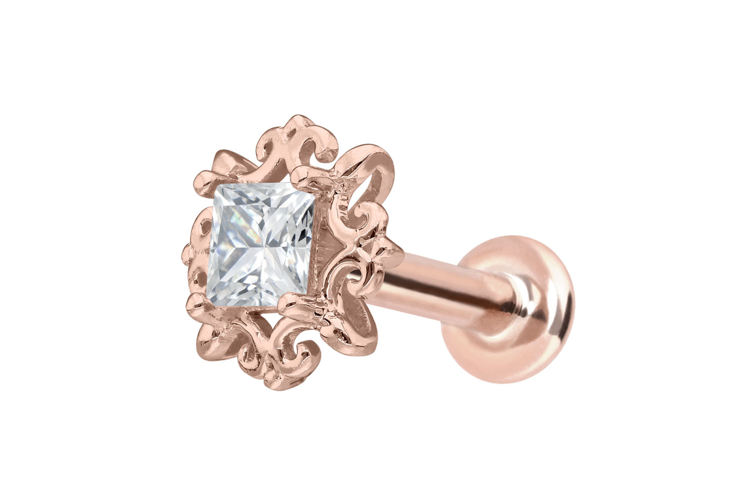 14 Karat Gold Labret Piercing mit Innengewinde MOISSANIT-QUADRAT + ORNAMENTE